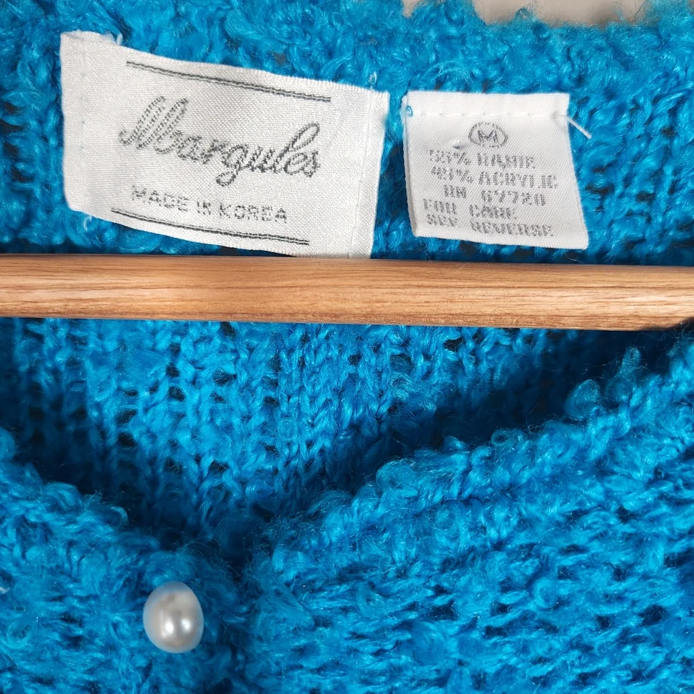 Margules Vintage Blue Sweater Size Medium Short Puffy Sleeves 3 Button - Picture 4 of 5
